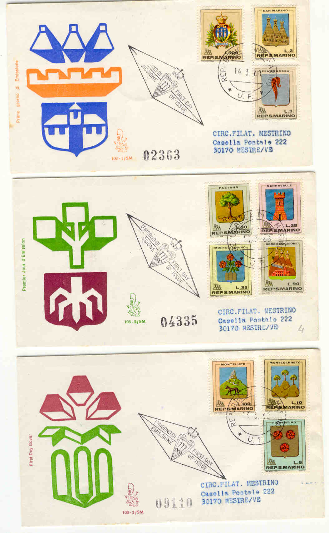 10108 - San Marino - 3 buste fdc con serie completa Stemmi 14.03.1968 ed. Venetia