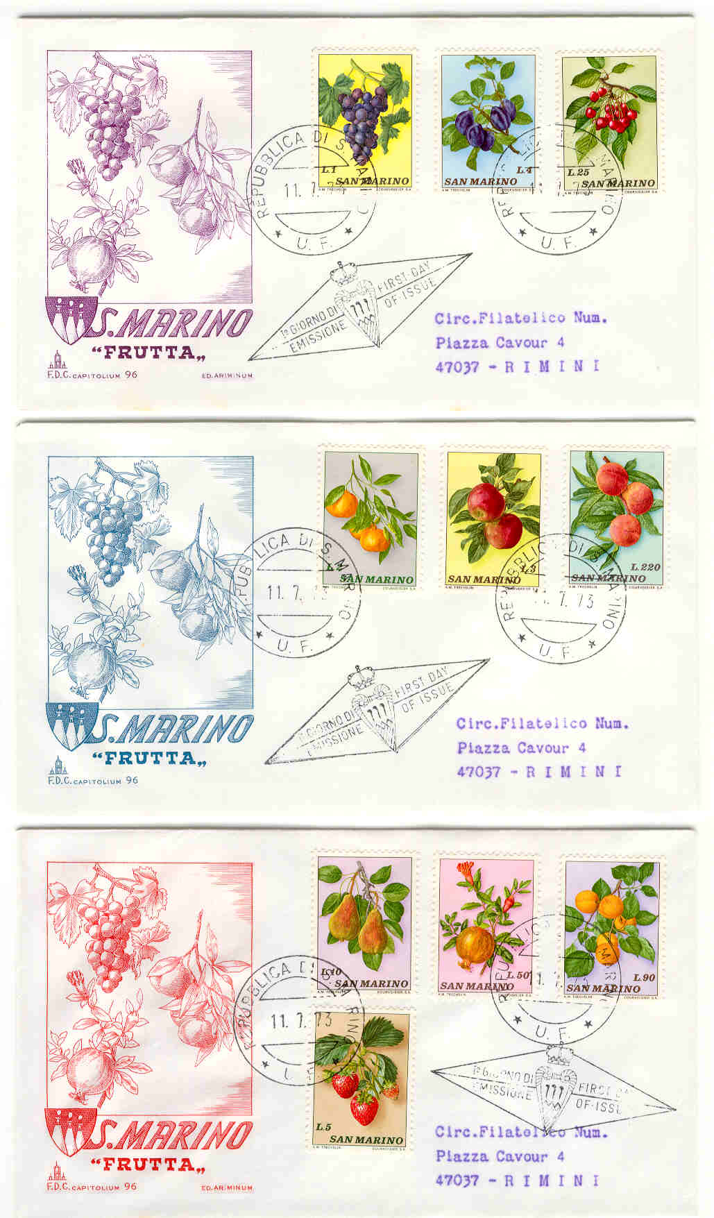 10221 - San Marino - 3 buste fdc con serie completa Frutta
