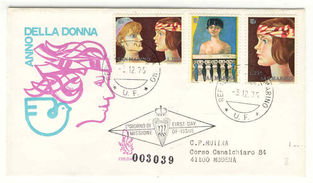 10250 - San Marino - busta fdc con serie completa: Anno internazionale della donna - ed. Venetia