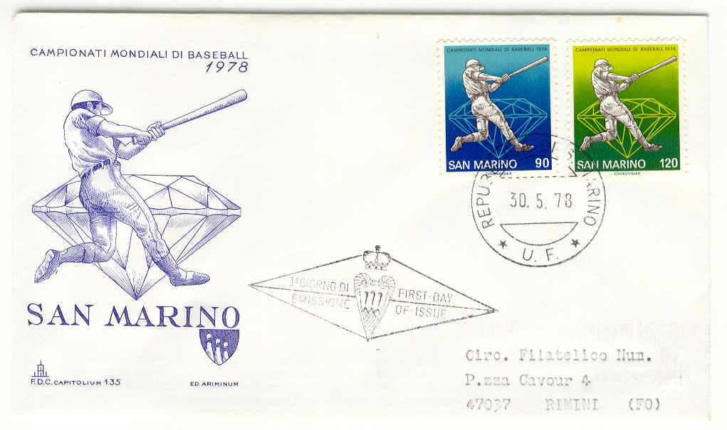 10348 - San Marino - busta fdc con serie completa: Campionati mondiali di baseball ed. Ariminum