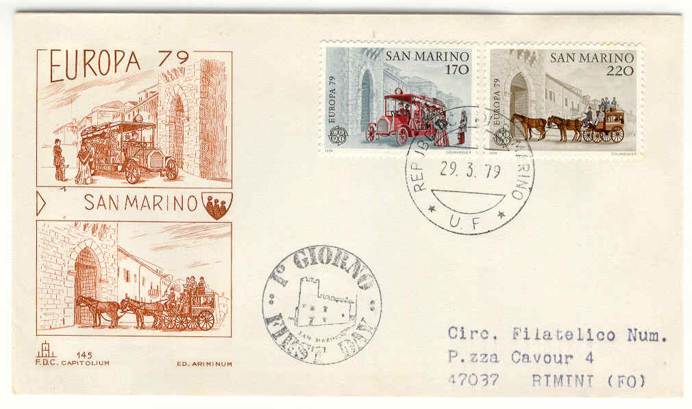 10359 - San Marino - busta fdc con serie completa: Europa 1979 -  storia della posta - ed. Ariminum