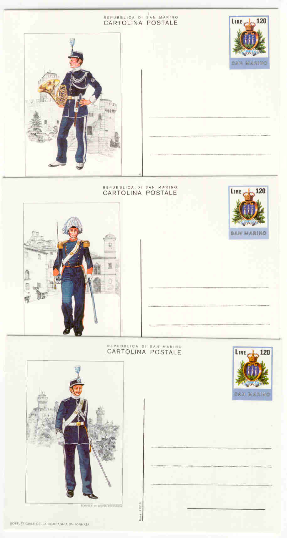 10972 - San Marino: cartoline postali C 48 in serie completa nuova: Uniformi Militari 2 serie valori da 120