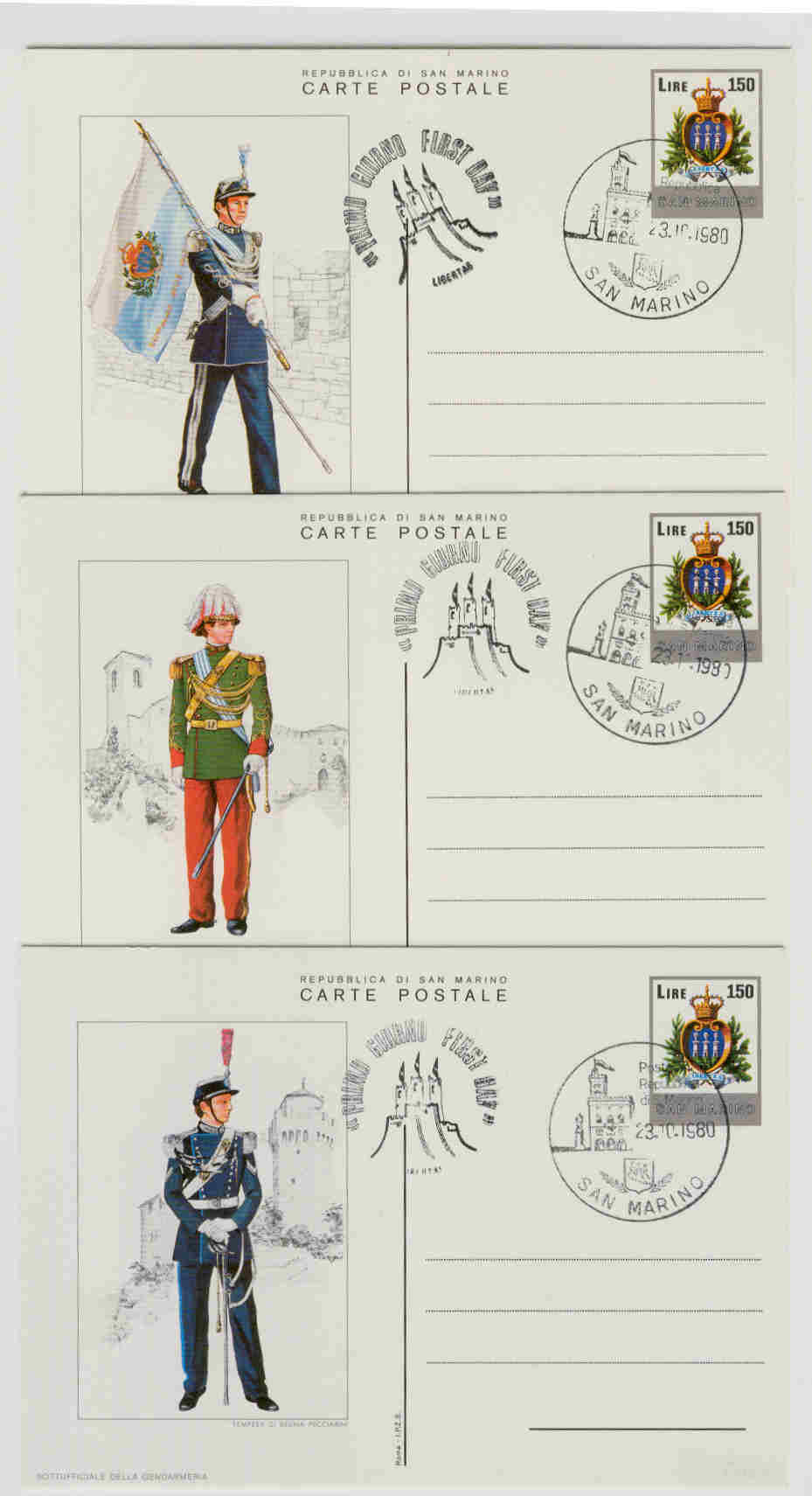 10975 - San Marino: cartoline postali C 49 in serie completa fdc: Uniformi Militari 2 serie valori da 150