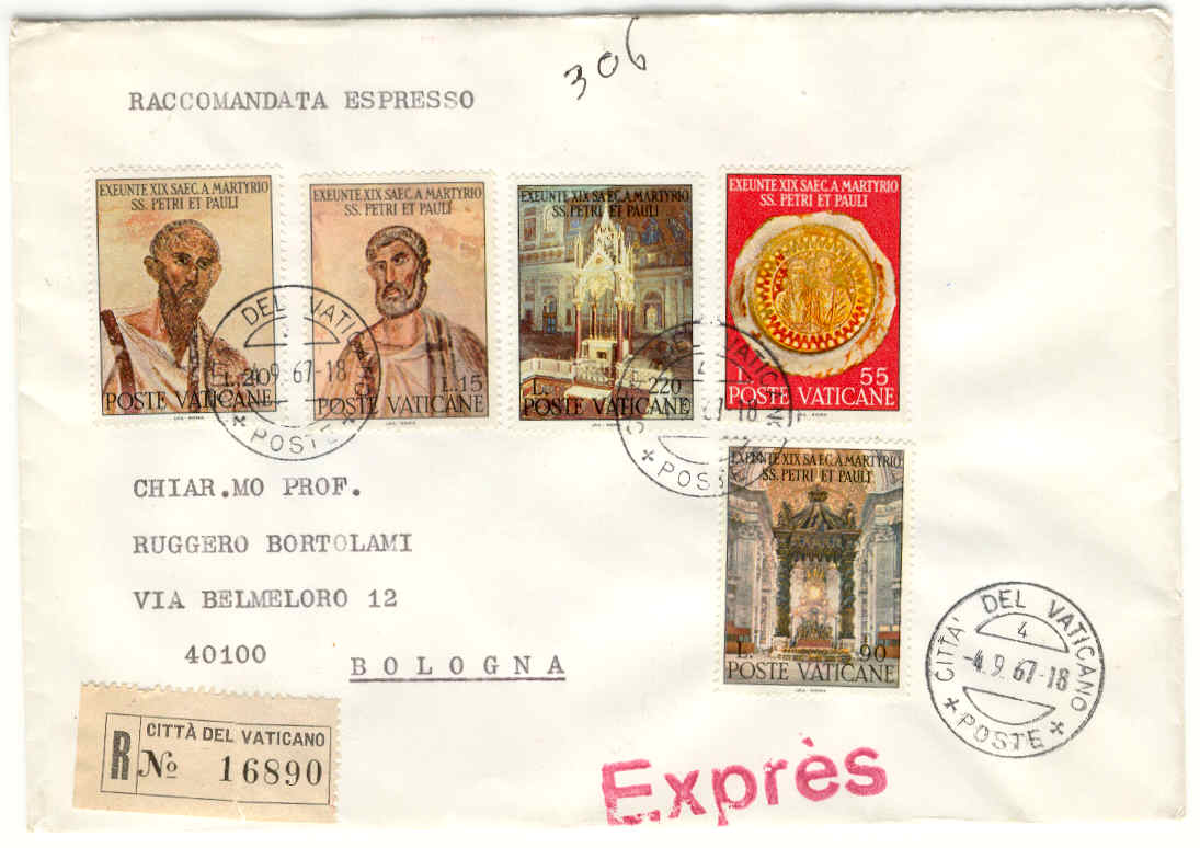 11143 - Vaticano - busta viaggiata raccomandata espressa con serie completa: 19 cent. martirio Pietro e Pao