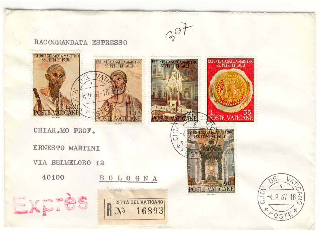 11144 - Vaticano - busta viaggiata raccomandata espressa con serie completa: 19 cent. martirio Pietro e Pao
