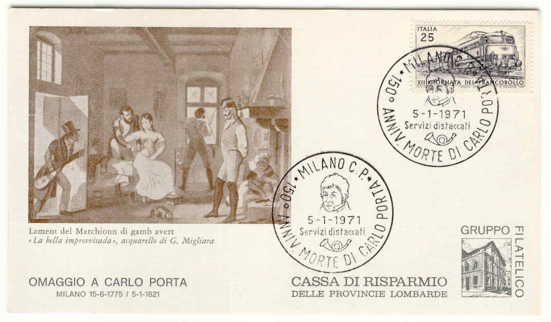 11622 - Italia - cartoliana con annullo speciale 05.01.71: 150 anniversario morte di Carlo Porta