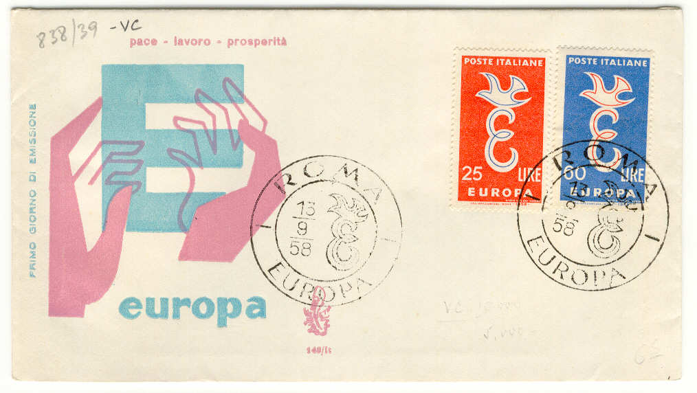 13290 - Italia - busta fdc con serie completa: Europa CEPT 1958