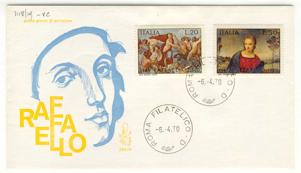 13448 - Italia - busta fdc con serie completa: 450 anniversario della morte di Raffaello Sanzio