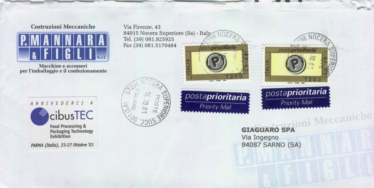 18388 - 2001 Prioritario L.1200/E.0.62x2 su busta Nocera Superiore 16.10.2001