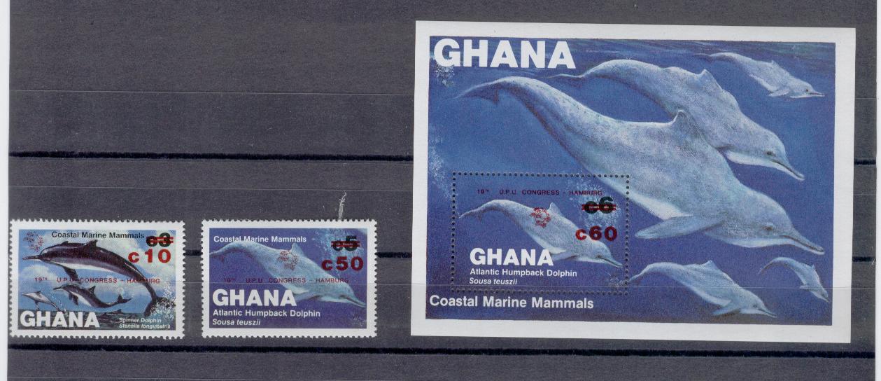 18702 - Ghana - serie completa nuova + foglietto: Delfini - sovrastampati per ann.io UPU