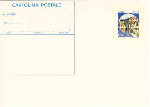 37555 - C.P. Castelli L.300 nuova Varietà - senza le righe dell indirizzo in giallo (cat. Eur.75.00)