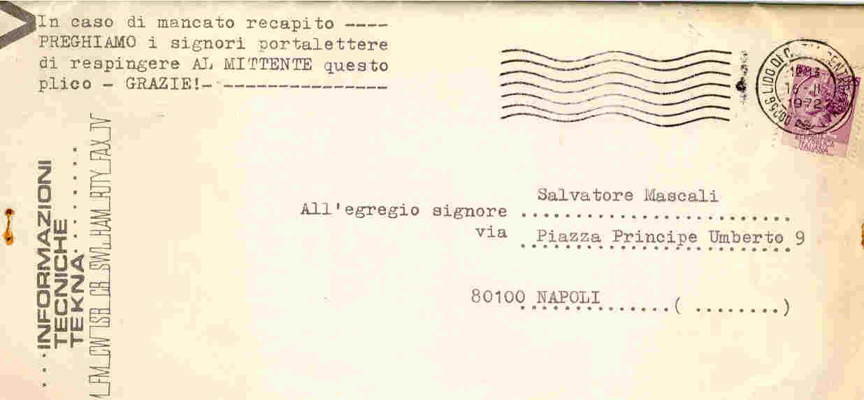 1920 - L.25 su stampati (catalogo di vendita pezzi elettronici) Lido di Ostia 16.2.1972