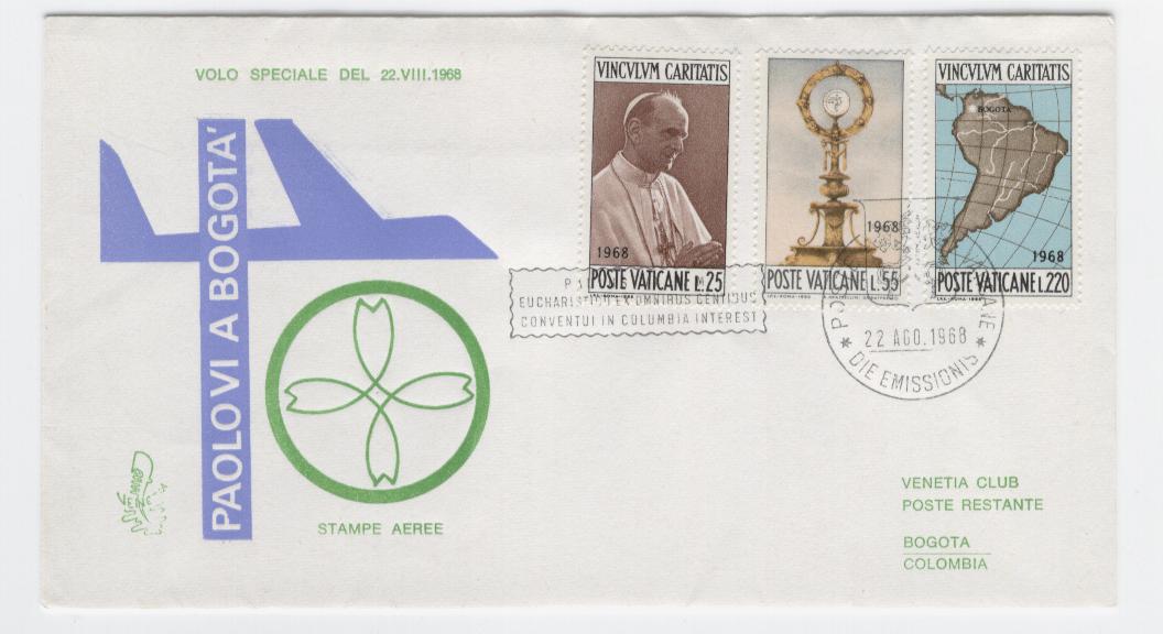 19395 - Vaticano - busta fdc con serie completa: Viaggio di Paolo VI a Bogot - viaggiata per la Colombia