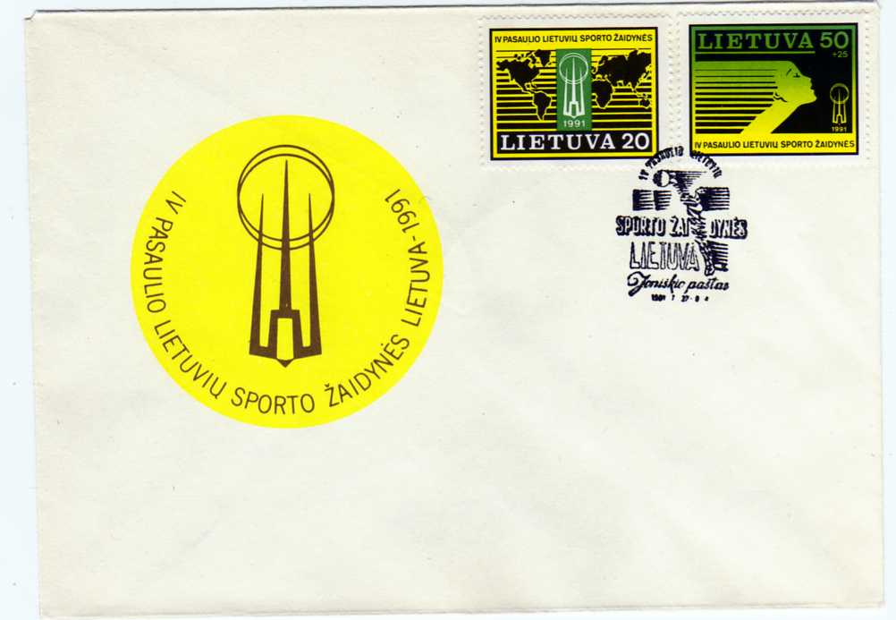 19403 - LITUANIA -1991 - IV Giochi sportivi Mondiali di Lituania serie cpl. 2v su Busta