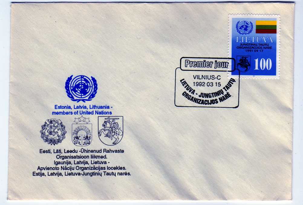 19405 - LITUANIA -1992 - Ammissione Lituania alle Nazioni Unite serie cpl. 1v su Busta