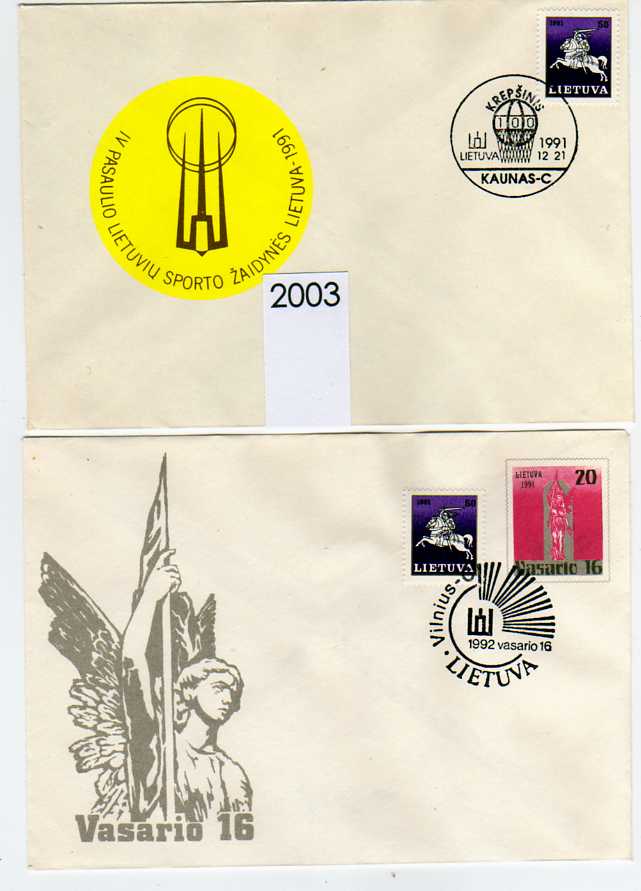 19411 - LITUANIA -1991/2 Lotto di 2 Buste FDC (Cavaliere-Angelo) perfetti (2003)