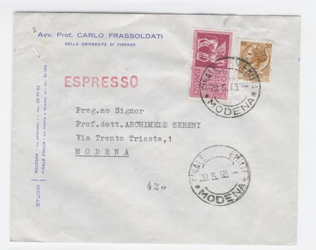 19598 - Busta  Avv. Carlo Frassoldati  usata come espresso + Siracusana da 30