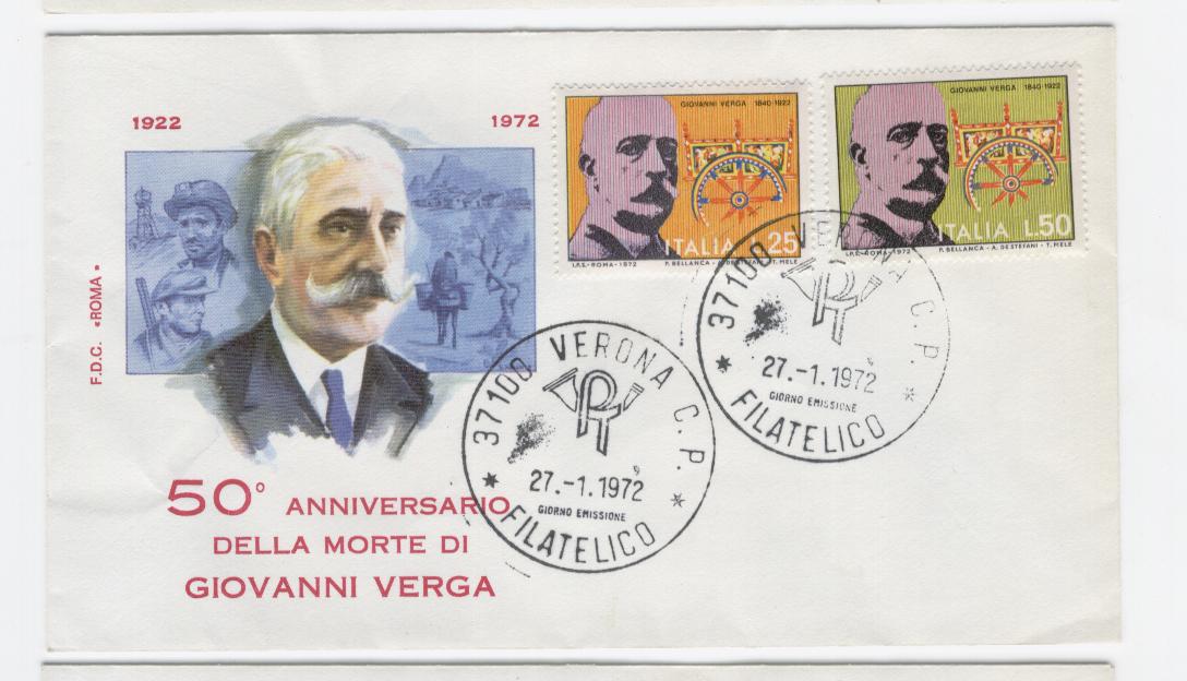 20158 - Italia - busta fdc con serie completa: Cinquantenario della morte di Giovanni Verga