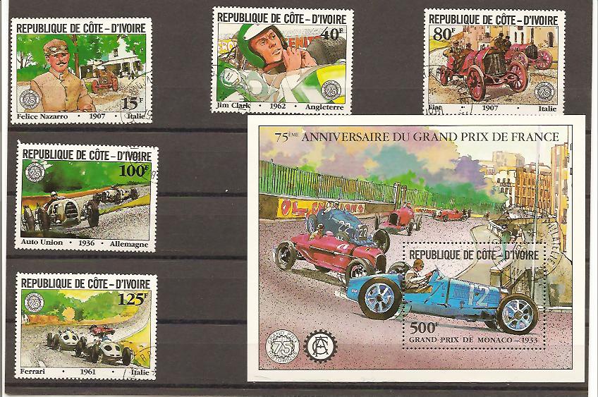 20960 - Costa d Avorio - serie completa usata + foglietto: 75 anniversario del Grand Prix di Francia