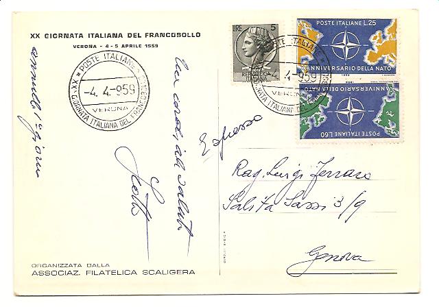 21914 - Cartolina commemorativa della XX giornata italiana del francobollo cpn annullo speciale -1959-