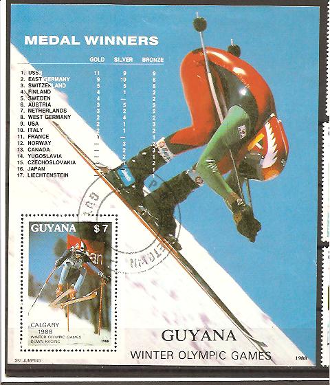 22895 - Guyana - foglietto usato: Medagliere delle Olimpiai di Calgary 1988