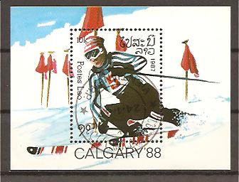 22942 - Laos - foglietto usato: Olimpiadi di Calgary 1988