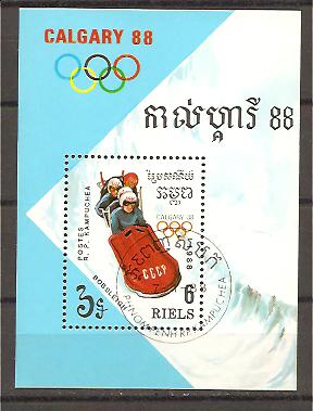 22948 - Cambogia - foglietto usato: Olimpiadi di Calgary 1988