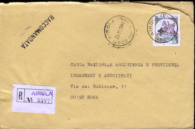 23297 - Cast. L.900 su busta raccomandata Airola 23.11.1981