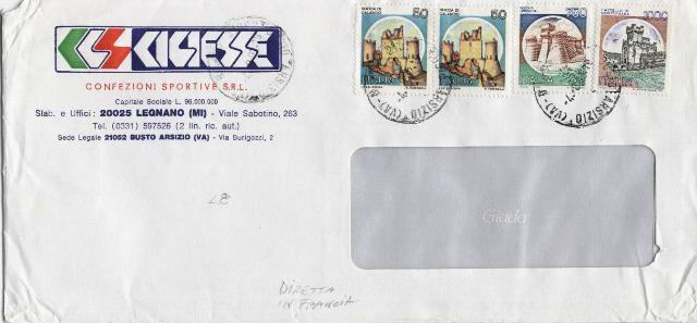 23298 - Cast. L.50x2 + l.750 + L.1000 su lettera (2 porto) Busto Arsizio 4.8.1992
