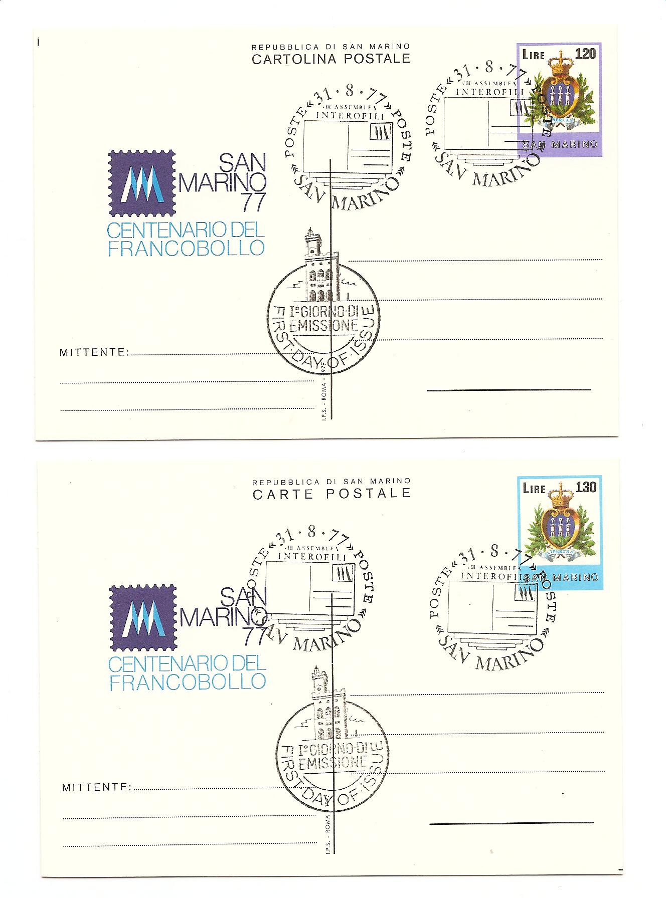 23764 - San Marino - 2 cartoline postali con annullo speciale FDC: Centenario del francobollo