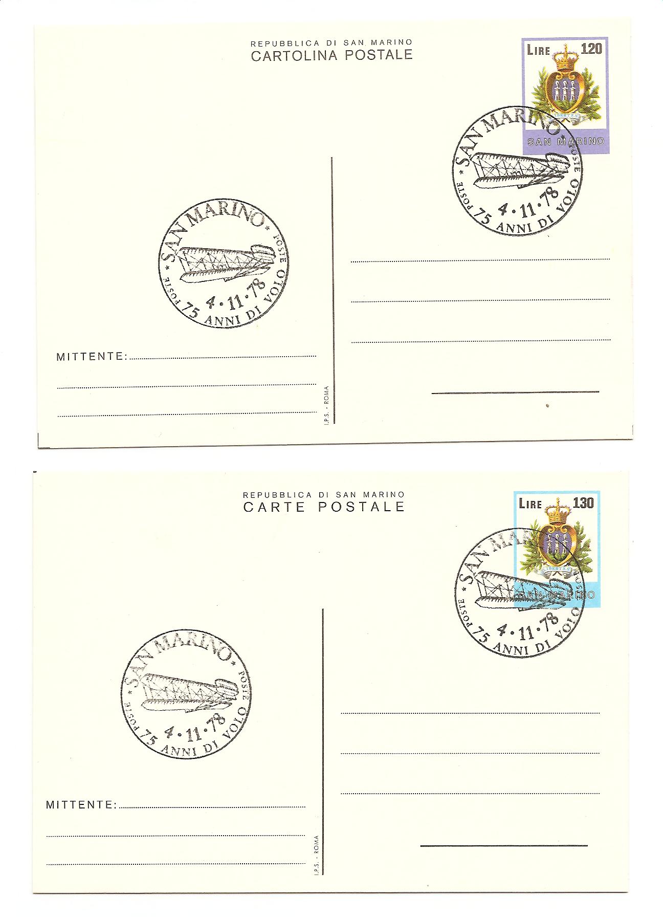 23766 - San Marino - 2 cartoline postali con annullo speciale: 75 anni di volo