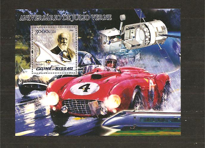25063 - Guinea Bissau - foglietto nuovo: Anniversario di Julio Verne - con Ferrari
