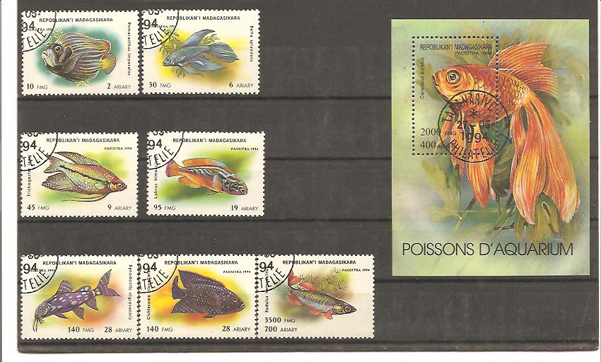 25191 - Madagascar - serie completa usata + foglietto: Pesci d acquario