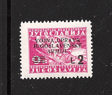 25860 - ITALIA-OCCUPAZIONI STRANIERE-AMM.ZIONE MILITARE JUGOSLAVA-1947-VALORE NUOVO S.T.L. SOPRASTAMPATO DA L. 2 SU 9 D. ROSA LILLA-BUONE CONDIZIONI.