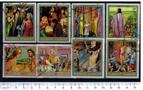 26171 - n. 2222  FUJEIRA,  Anno 1970,  TS. 464-471  -  La Bibbia: scene dal Vecchio e Nuovo Testamento  -  8  valori serie completa timbrata