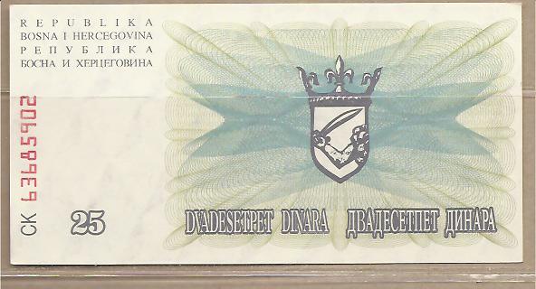 26486 - Bosnia Erzegovina - banconota non circolata da 25 Dinari - 1992 -