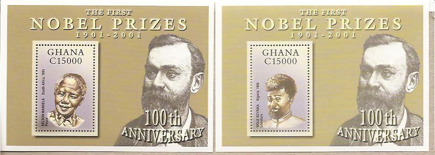 27107 - Ghana - 2 foglietti nuovi: Centenario del Premio Nobel - Mandela e Soyinka