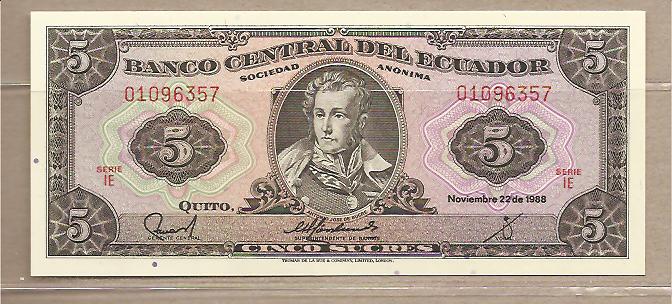 27812 - Ecuador - banconota non circolata da 5 Sucres - 1988 -