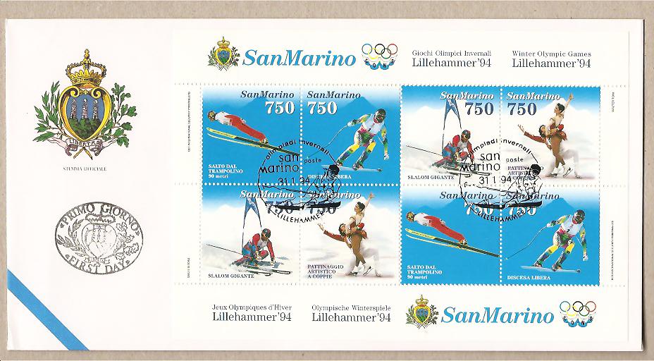 28114 - San Marino - busta fdc con serie completa in blocco ed annullo speciale: Lillehammer  94