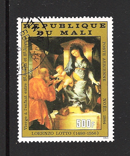 29393 - REPUBLIQUE DU MALI - 1984 - valore obliterato da 500 f. Posta Aerea dedicato al NATALE (dipinto di Lorenzo Lotto) - in buone condizioni.