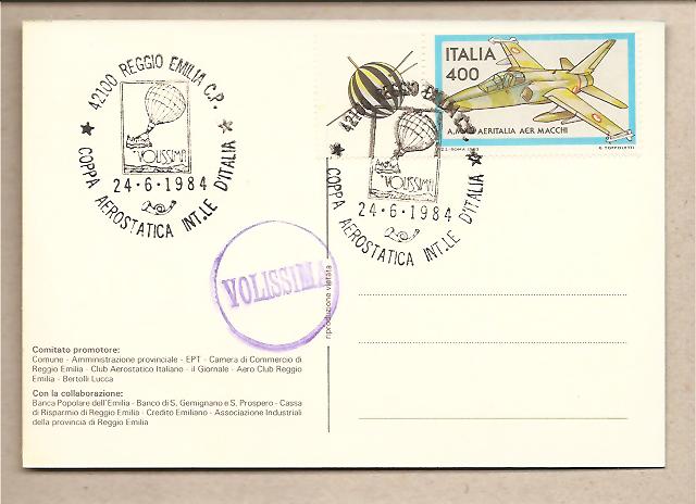 29752 - Italia - cartolina commemorativa della Coppa Aerostatica internazionale d Italia - Reggio Emilia 23/24/06/1984 - con f.bollo e appendice e annullo
