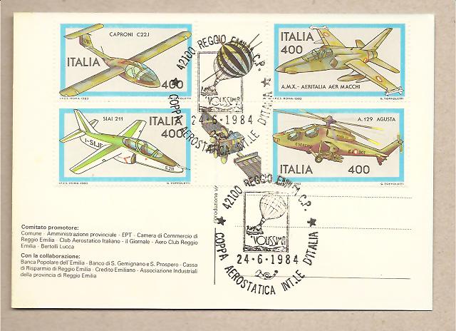 29753 - Italia - cartolina commemorativa della Coppa Aerostatica internazionale d Italia - Reggio Emilia 23/24/06/1984 - con blocco completo e annullo