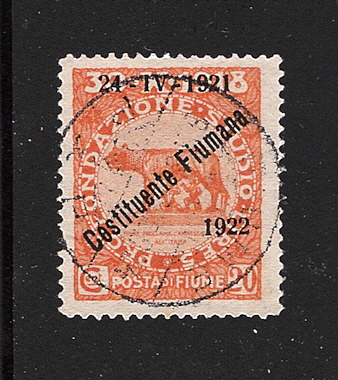 29987 - FIUME-VALORE USATO DA 20 C. ARANCIO SOPRASTAMPATO  24-IV-1921 COSTITUENTE FIUMANA 1922  (CAT.UNIF. N.167).