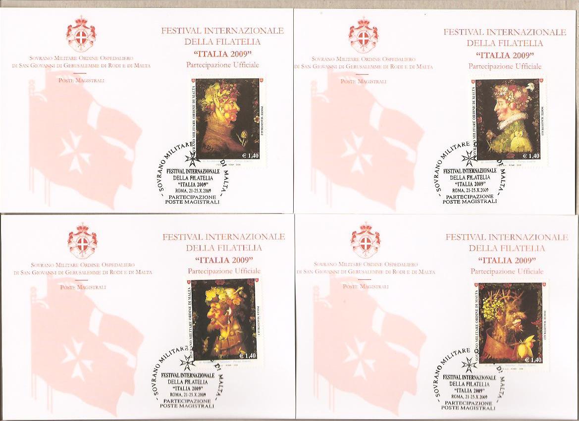 40181 - SMOM - 4 cartoline Festival Internazionale della Fialtelia (serie completa) con annullo speciale  Italia 2009