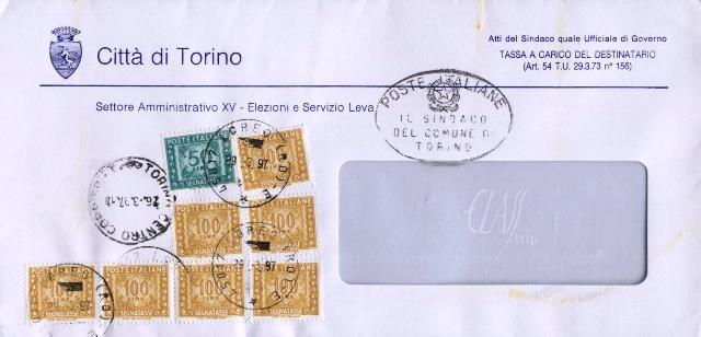 31070 - Segnatasse L.50 + L.100x7 busta (tassa a carico) Loreo 29.3.1997
