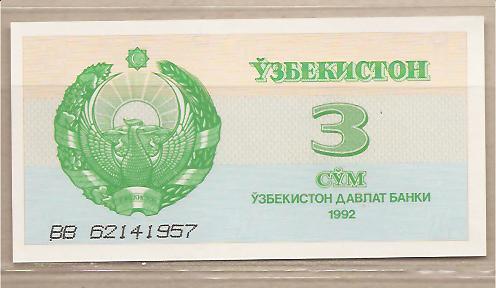 31410 - Uzbekistan - banconota non circolata da 3 Sum - 1992