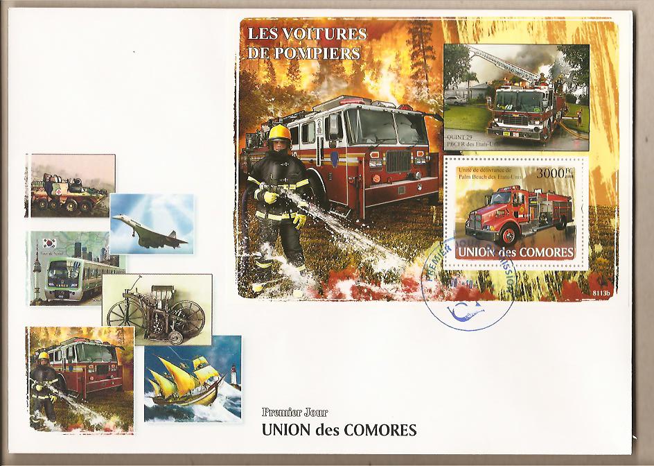 31692 - Comore - bustone FDC con foglietto: I mezzi dei Pompieri - 2008