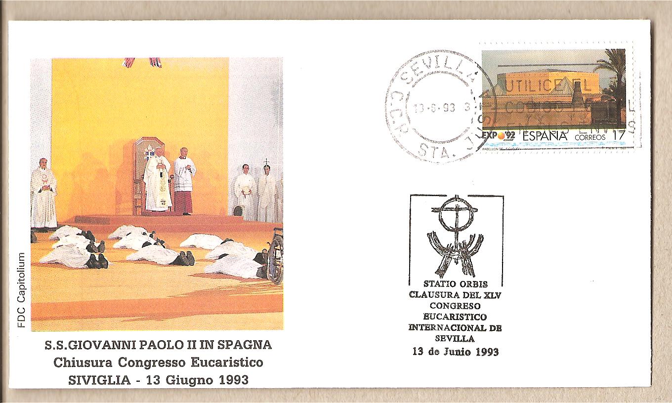 32128 - Spagna - busta con annullo speciale: Visita di S. S. Giovanni Paolo II - Chiusura Congresso Eucaristico a Siviglia 1993