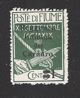 32697 - FIUME-1920-POSTA MILITARE-VALORE NUOVO STL da 5 c. verde SOPRASTAMPATO con nuovo valore da 1 c. e REGGENZA ITALIANA DEL CARNARO-buone condizioni.