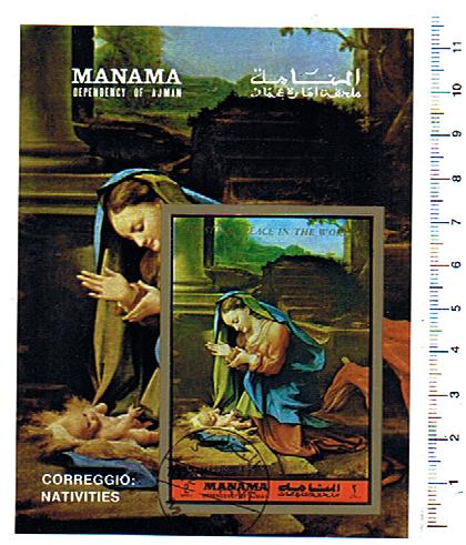 32884 - MANAMA	1972-2847  *	Nativit dipinto del Correggio - Foglietto non dentellato completo timbrato